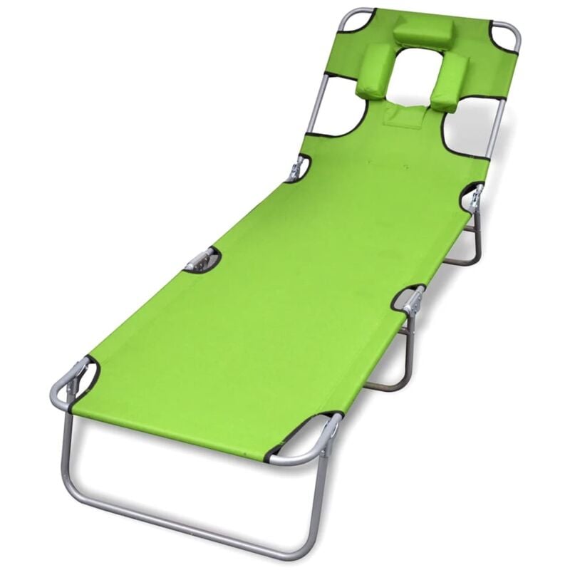 Chaise longue Bain de soleil Transat de relaxation avec coussin de tête acier enduit de poudre vert CFW901593