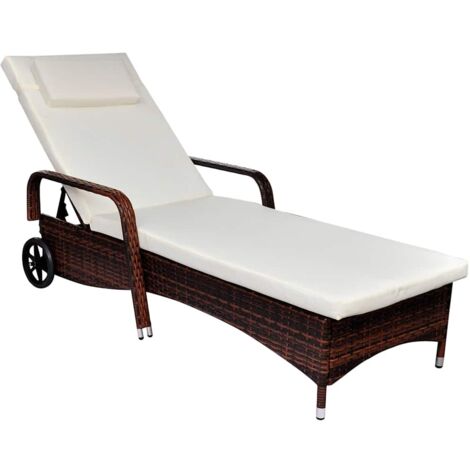 Chaise longue  Bain de soleil  Transat de relaxation avec coussin et roues Résine tressée Marron BSRHS879777