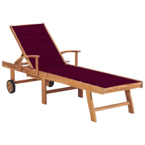 Chaise longue  Bain de soleil  Transat de relaxation avec coussin rouge bordeaux Bois de teck solide CFW450308