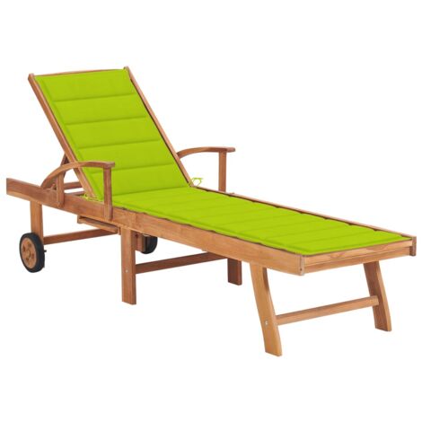 Chaise longue Bain de soleil Transat de relaxation avec coussin vert vif Bois de teck solide CFW667940