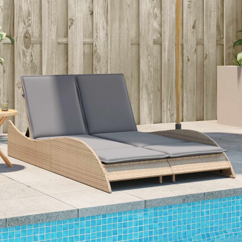Chaise longue Bain de soleil Transat de relaxation avec coussins beige 114x205x73 cm résine tressée CFW227929