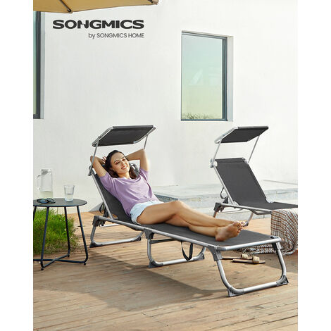 Chaise Longue, Bain de Soleil, Transat de Relaxation, avec Appui-tête, Dossier et Parasol inclinables, léger, Pliable, 53 x 193 x 29,5 cm, Charge 150 kg, Jardin, Gris beige/Gris foncé/Noir/Taupe