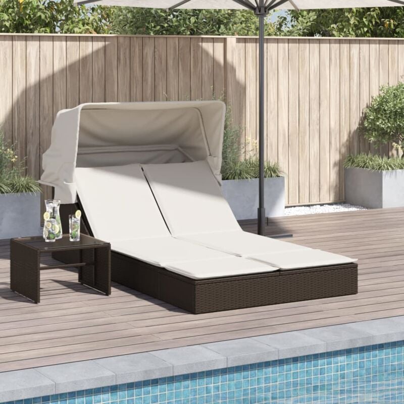 Chaise longue Bain de soleil Transat de relaxation double avec auvent et coussins marron poly rotin CFW97792