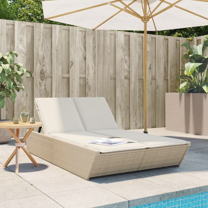 Chaise longue Bain de soleil Transat de relaxation double avec coussins beige résine tressée CFW56545