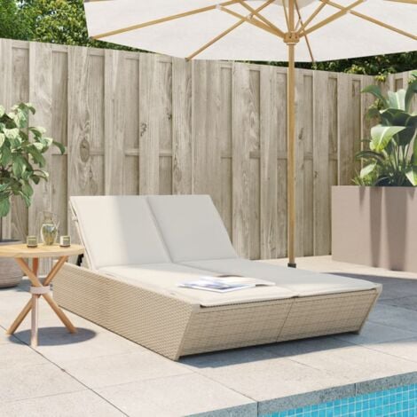 Chaise longue  Bain de soleil  Transat de relaxation double avec coussins beige résine tressée CFW56545