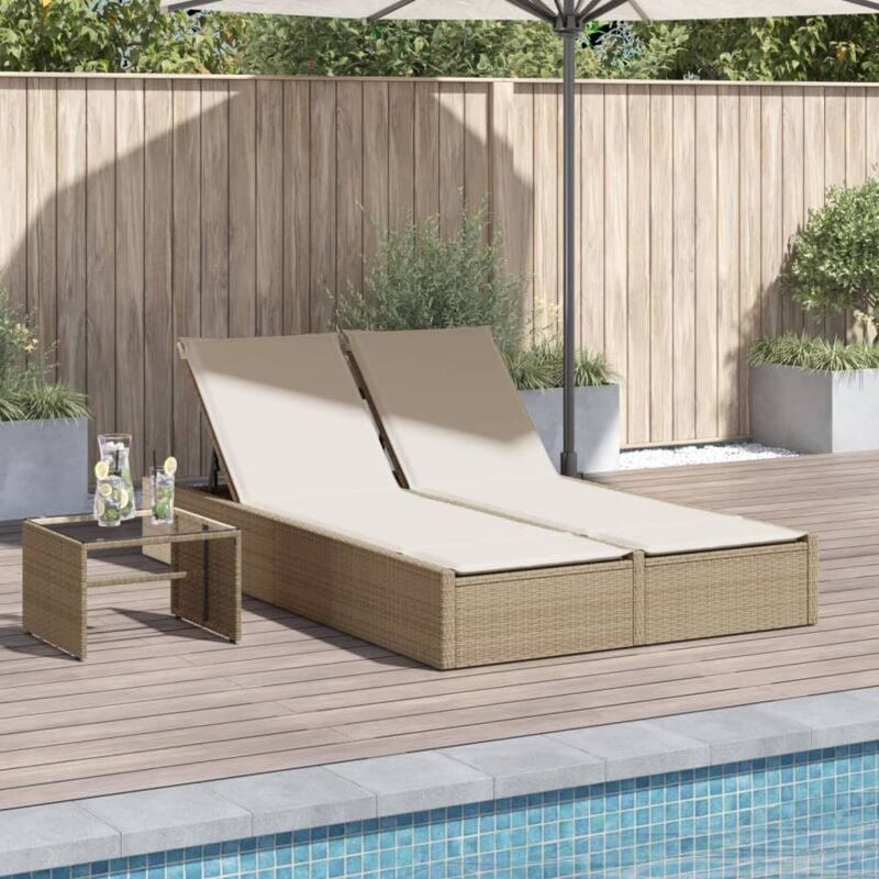 Chaise longue Bain de soleil Transat de relaxation double avec coussins beige résine tressée CFW66168