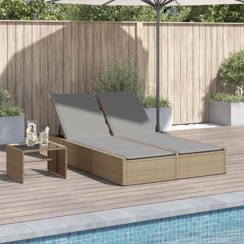 Chaise longue Bain de soleil Transat de relaxation double avec coussins beige résine tressée CFW79034