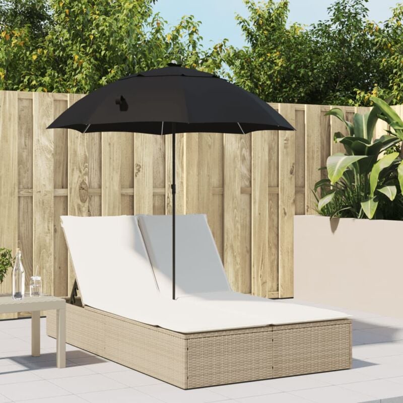 Chaise longue Bain de soleil Transat de relaxation double avec coussins et parasol beige poly rotin CFW99283