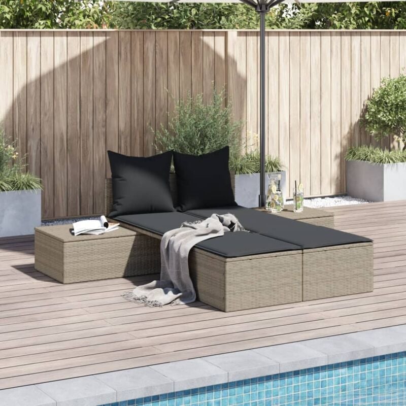 Chaise longue Bain de soleil Transat de relaxation double avec coussins gris clair résine tressée CFW12330