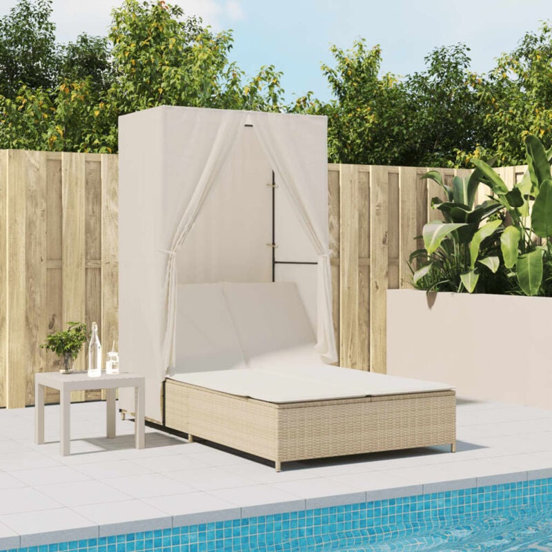 Chaise longue Bain de soleil Transat de relaxation double avec toit et rideaux beige résine tressée CFW33594
