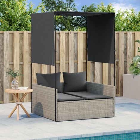 Chaise longue  Bain de soleil  Transat de relaxation double avec toit et rideaux gris clair poly rotin CFW66140