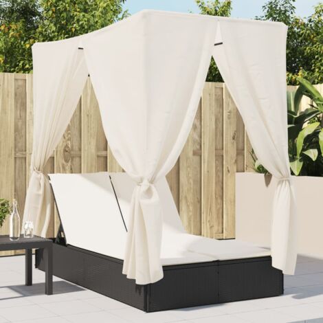 Chaise longue  Bain de soleil  Transat de relaxation double avec toit et rideaux noir résine tressée CFW37605