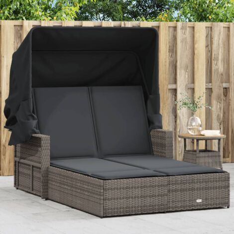 Chaise longue  Bain de soleil  Transat de relaxation double et auvent et coussins gris résine tressée CFW251040