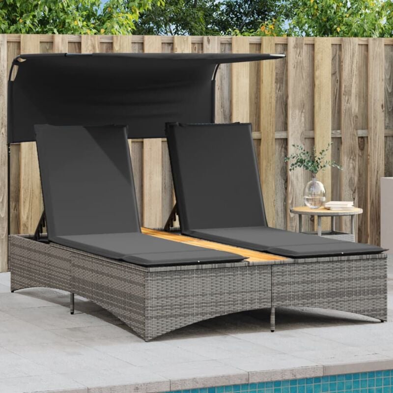 Chaise longue Bain de soleil Transat de relaxation double et auvent et coussins gris résine tressée CFW48982
