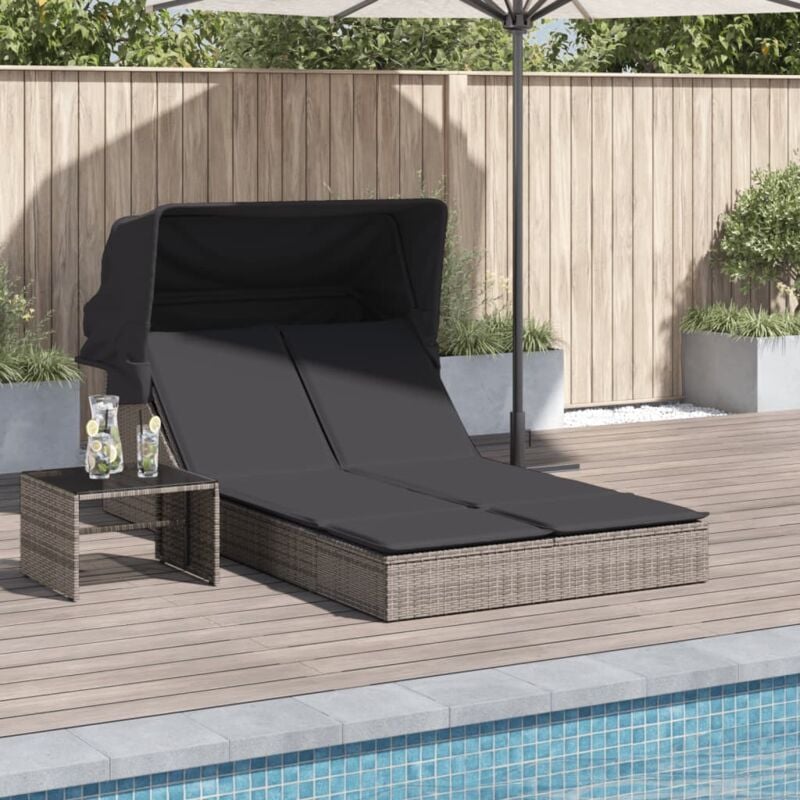 Chaise longue Bain de soleil Transat de relaxation double et auvent et coussins gris résine tressée CFW54299