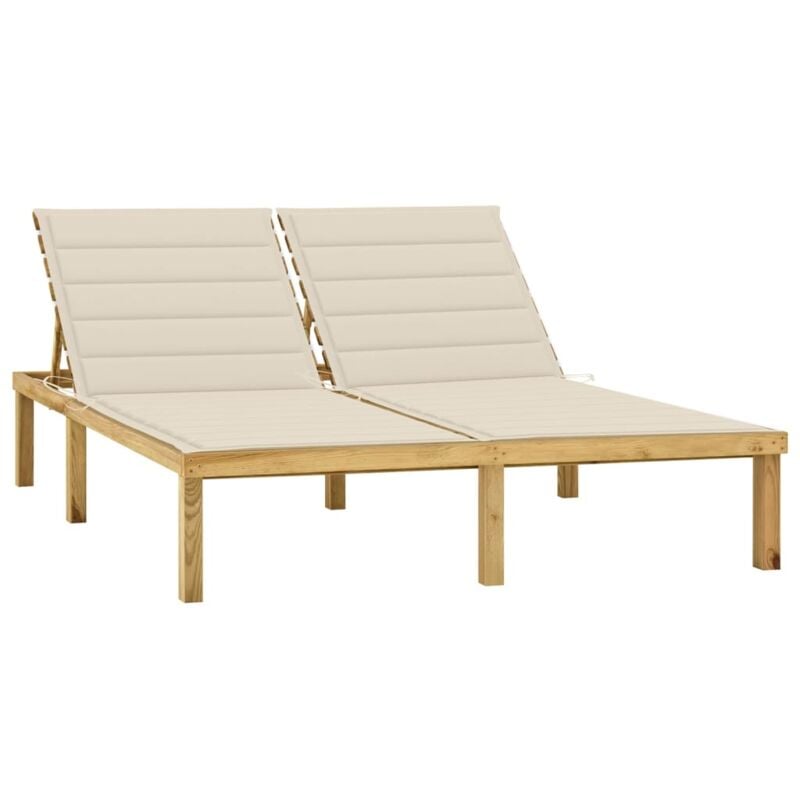 Chaise longue Bain de soleil Transat de relaxation double et coussins crème Bois de pin imprégné CFW942996