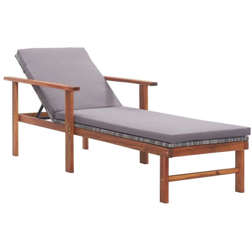 Chaise longue Bain de soleil Transat de relaxation et coussin Résine tressée et bois d'acacia Gris CFW145314