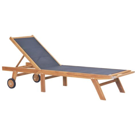 Chaise longue  Bain de soleil  Transat de relaxation pliable avec roulettes Teck massif et textilène CFW661076