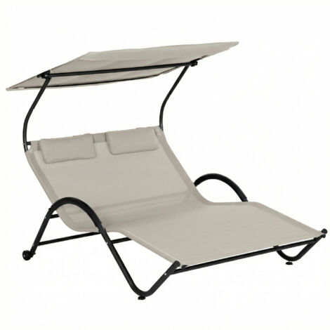 Chaise longue bain soleil transat auvent oreiller roulettes acier polyester crème