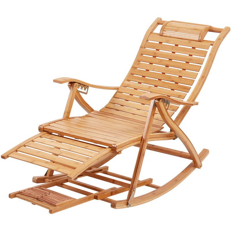 Chaise longue à Bascule Pliant en Bambou Rocking Chair Fauteuil Jardin avec Accoudoir Oreiller Chaise Berçante à Jardin