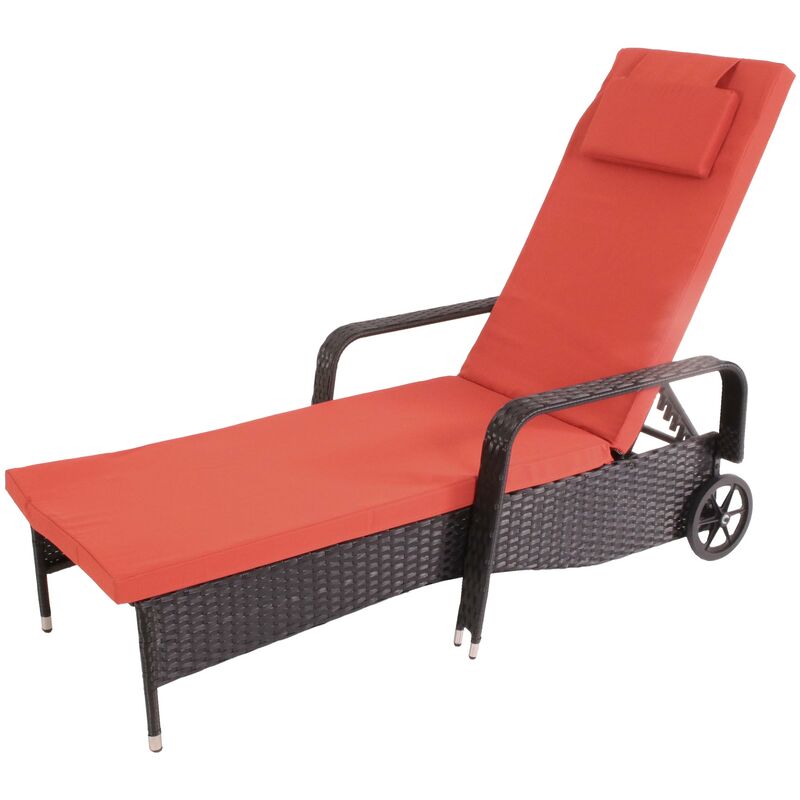 HHG - jamais utilisé] Chaise longue Carrara, polyrotin, bain de soleil, couchette, alu anthracite, coussin terracota - black