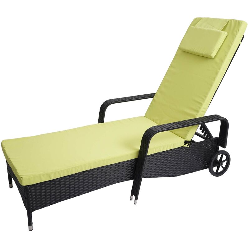 HHG - Chaise longue Carrara, polyrotin, bain de soleil, couchette, alu anthracite, coussin vert clair - black