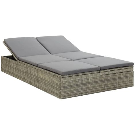 Chaise longue convertible avec coussin Résine tressée Gris