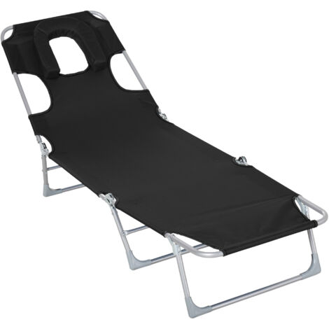 Chaise longue couchable et pliante de jardin avec appuie-tête et dossier à trou de lecture, réglables en 5 niveaux pour plage 182x56x28 cm Noir
