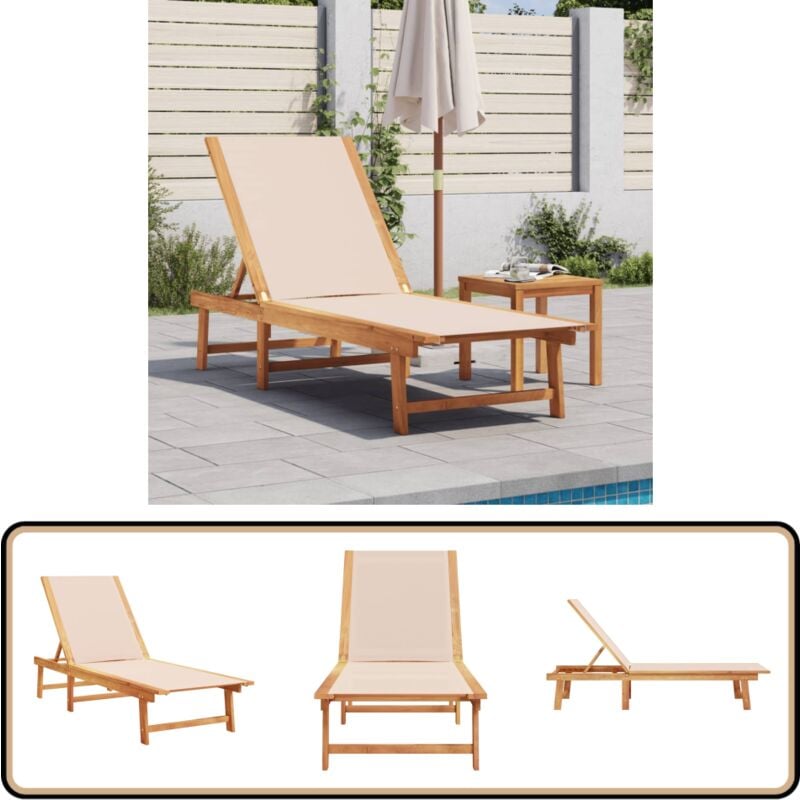 Chaise longue crème bois d'acacia solide et textilène - Chaises Longues - Bain De Soleil - Mobilier De Jardin - Chaises De Jardin - Transats