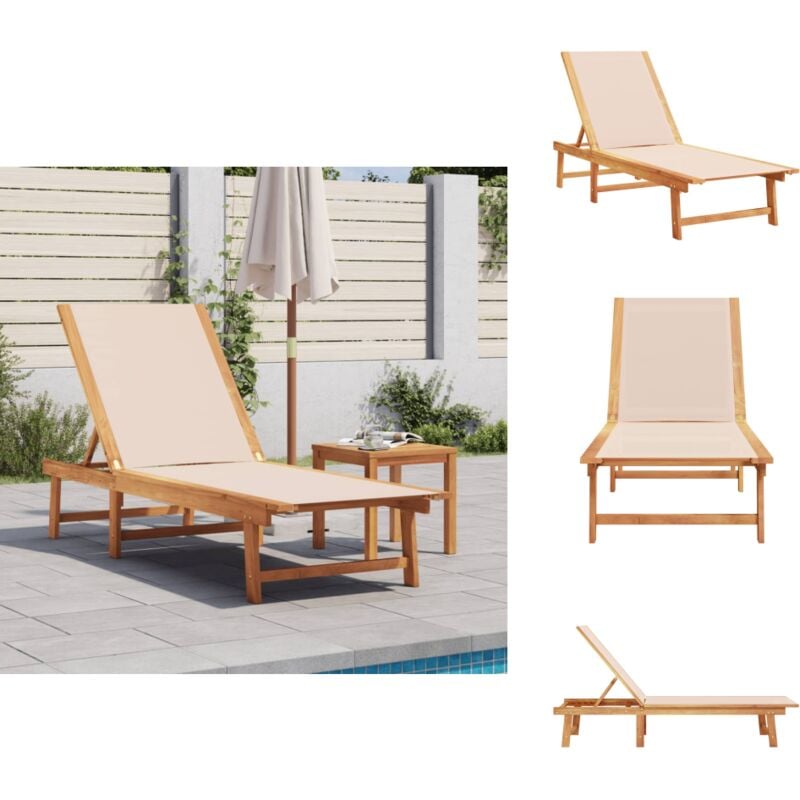 Chaise longue crème bois d'acacia solide et textilène - Chaises Longues - Bain De Soleil - Mobilier De Jardin - Chaises De Jardin - Transats