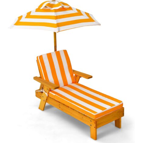 Chaise Longue da Esterno per Bambini, Poltrona di Legno con Ombrellone Smontabile e Regolabile in Altezza, Sedia Portatile con Cuscino, Ideale per Bambini 3-8 Anni