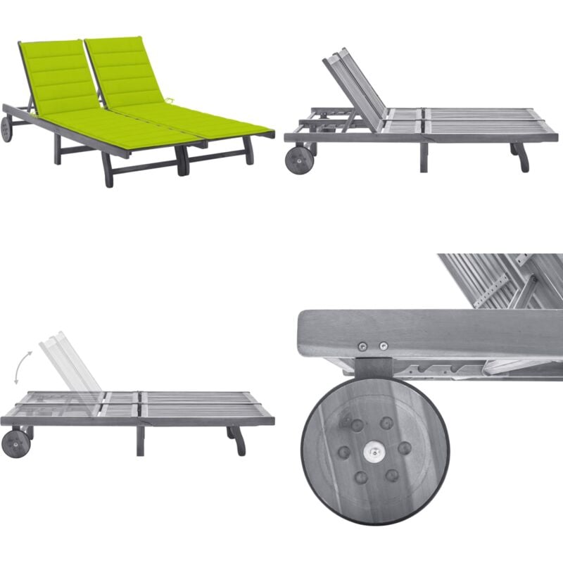 Chaise longue de jardin 2 places avec coussin Gris Acacia - Chaise Longue Jardin - Transats - Mobilier Jardin - Chaises Longues Bois - Acacia - Home