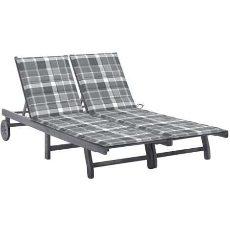 Chaise longue de jardin 2 places Bain de soleil Transat avec coussin Gris Acacia 60850