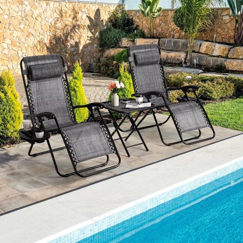Chaise longue de jardin 3 pièces,Transat de Jardin Inclinable,Chaise longue de Relaxation Pliable -Gris foncé