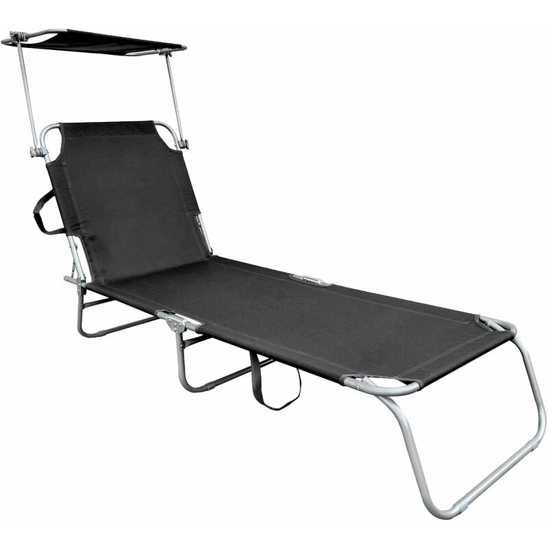 Chaise longue de jardin pliante à trois pieds avec auvent - gris foncé - Chaise longue relax avec dossier réglable 4 positions