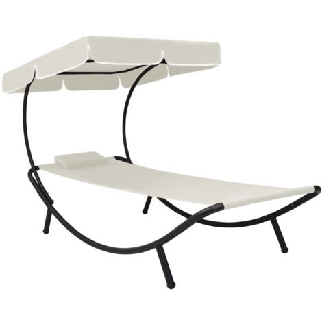 Chaise longue de jardin avec auvent et oreiller Blanc crème