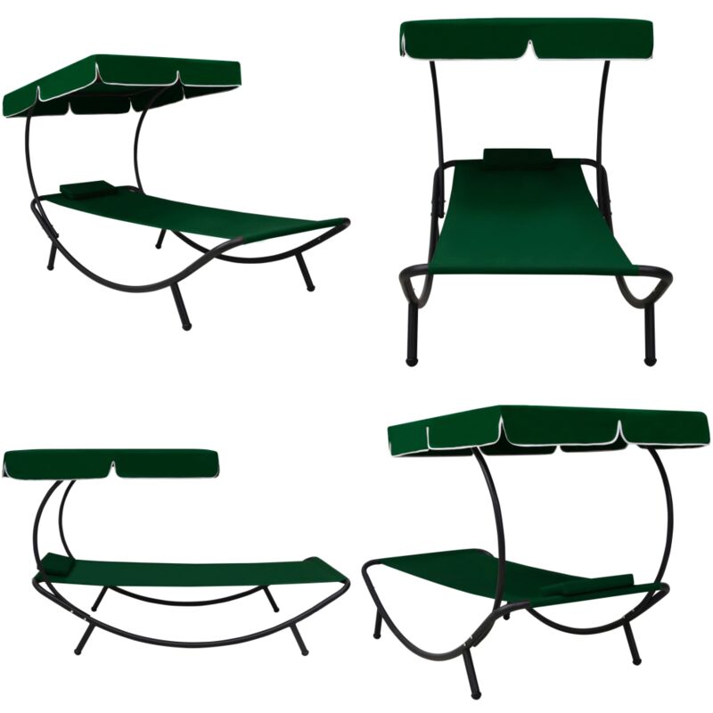 Chaise longue de jardin avec auvent et oreiller vert - Chaises Longues - Transats - Mobilier De Jardin - Chaises De Jardin - Relaxations - Home &