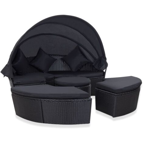 Chaise longue de jardin avec auvent Résine tressée Noir