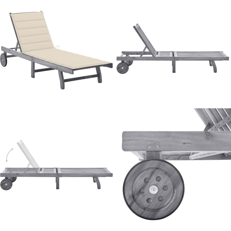 Chaise longue de jardin avec coussin Gris Bois d'acacia solide - Chaise Longue Jardin - Transats Exterieur - Mobilier Jardin - Chaises Longues Bois