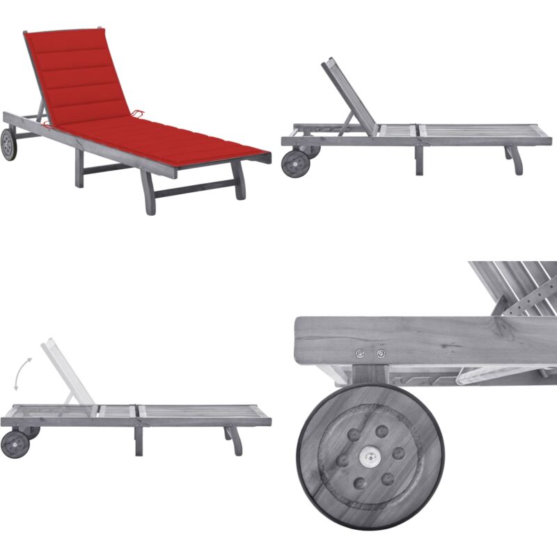 Chaise longue de jardin avec coussin Gris Bois d'acacia solide - Chaise Longue Jardin - Transats Exterieur - Mobilier Jardin - Chaises Longues Bois