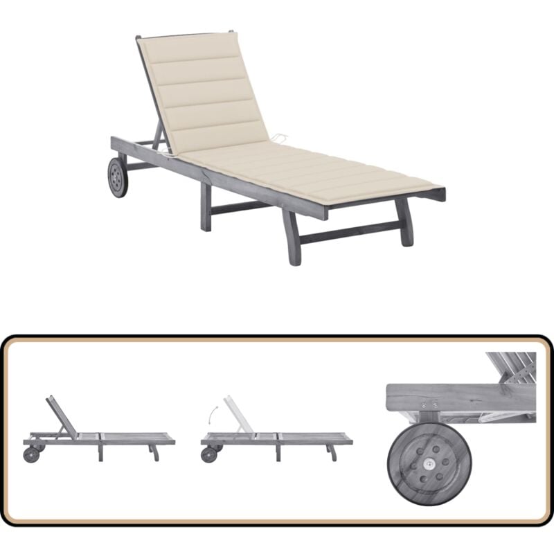 Chaise longue de jardin avec coussin Gris Bois d'acacia solide - Chaise Longue Jardin - Transats Exterieur - Mobilier Jardin - Chaises Longues Bois
