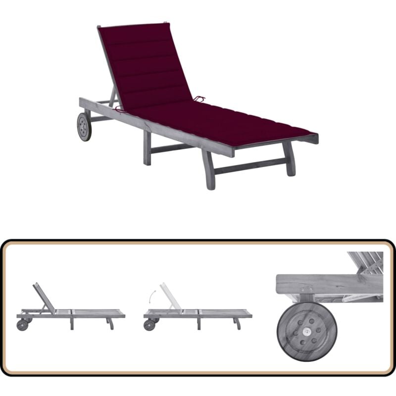 Chaise longue de jardin avec coussin Gris Bois d'acacia solide - Chaise Longue Jardin - Transats - Mobilier De Jardin - Chaises Longues Bois