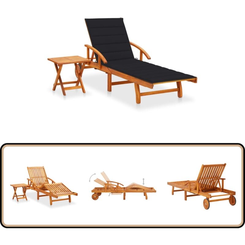 Chaise longue de jardin avec table et coussin Bois d'acacia - Chaise Longue Jardin - Mobilier De Jardin - Transat - Chaise Longue Acacia - Chaise