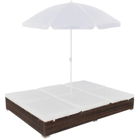 Chaise longue de jardin  Bain de soleil Transat avec parasol Résine tressée Marron 44310