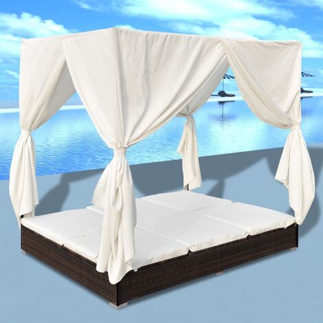 Chaise longue de jardin | Bain de soleil Transat avec rideaux Résine tressée Marron 28237 - Brun