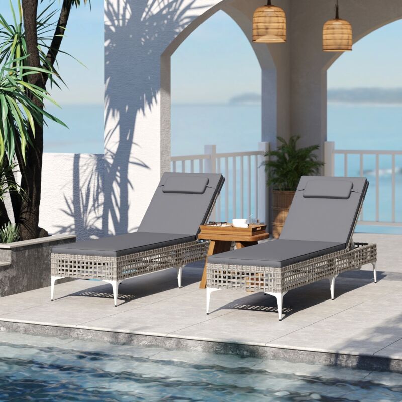 Chaise Longue de Jardin Chaise Longue Inclinable en Osier PE avec Dossier Réglable sur 6 Niveaux Coussin et Appuie-tête Amovibles Gris