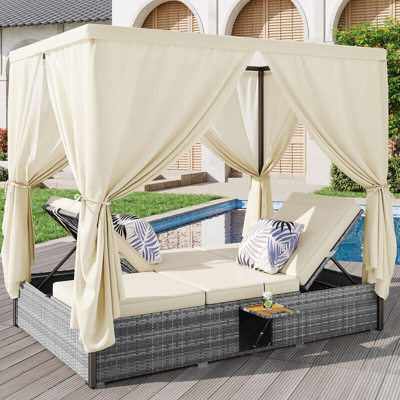 Chaise longue de jardin lit double avec rideau d'ombrage, chaise longue en rotin, mobilier d'extérieur pour salon, balcon et jardin, résistant aux