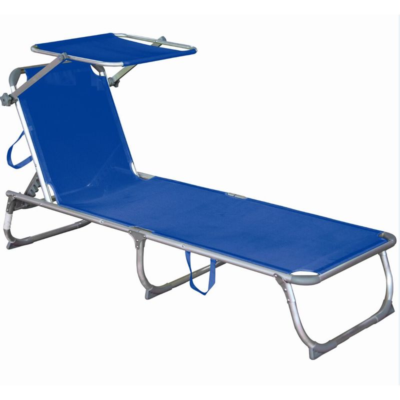 Harms - Chaise longue avec pare-soleil bleu, chaise longue à trois pieds aluminium / acier réglable 504709