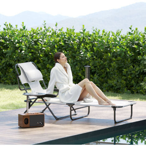 Chaise longue de jardin pliante dossier réglable sur 4 niveaux. trou de lecture et appui-tête 72 x 194 x 89 cm crème