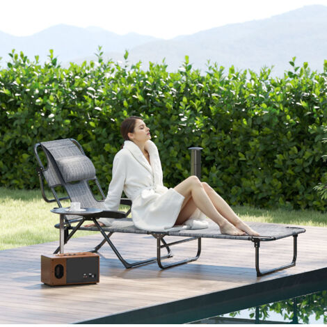 Chaise longue de jardin pliante dossier réglable sur 4 niveaux. trou de lecture et appui-tête 72L x 194l x 31H cm Gris